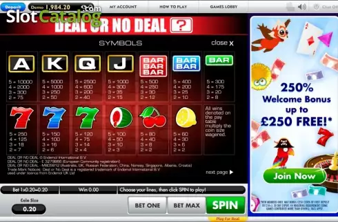 Paytable 1. Deal or No Deal (Gamesys) slot