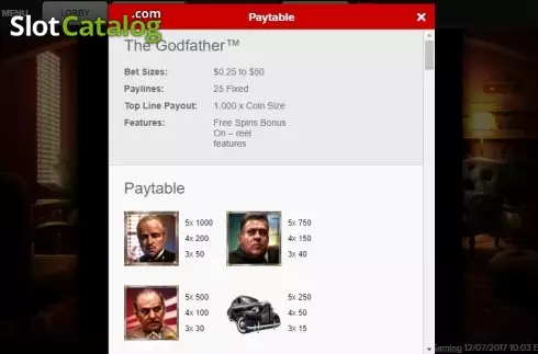 Paytable 1. The Godfather (Genesys) slot