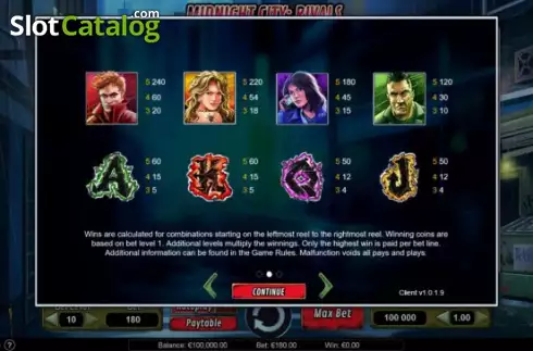 Paytable screen. Midnight City: Rivals slot