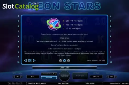 Free Spins screen. Neon Stars slot