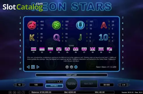 Paytable and Paylines screen. Neon Stars slot