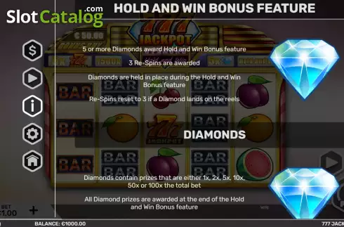 Game Features screen. 777 Jackpot Diamond slot
