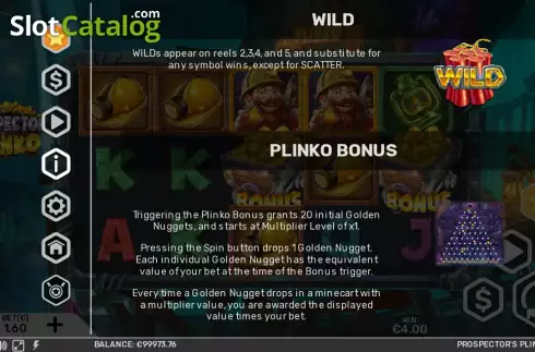 Wild and Plinko Bonus screen. Prospector's Plinko slot