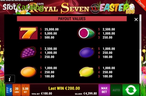 Paytable. Royal Seven XXL Easter Egg slot