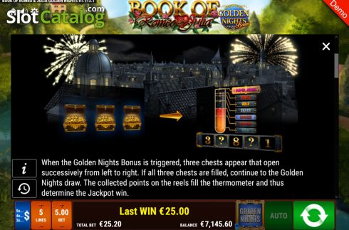 Paytable screen. Book of Romeo and Julia Golden Nights slot