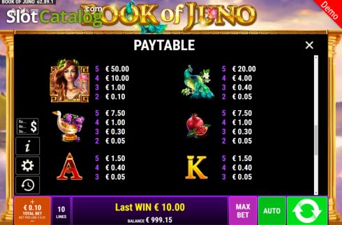 Paytable screen. Book of Juno slot