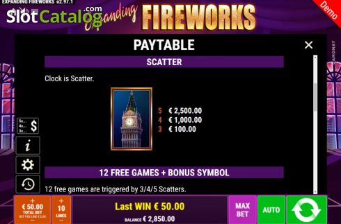 Scatter paytable screen. Expanding Fireworks slot