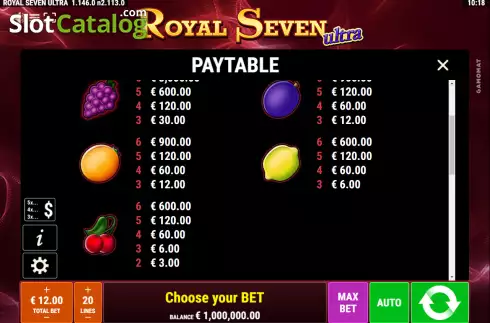Paytable screen 2. Royal Seven Ultra slot