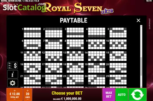 Paylines screen. Royal Seven Ultra slot