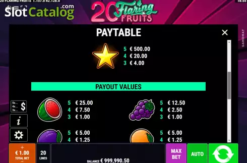 Pay Table screen 2. 20 Flaring Fruits slot