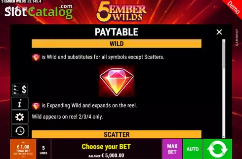Paytable Screen. 5 Ember Wilds slot