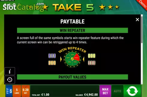 Paytable. Take 5 slot