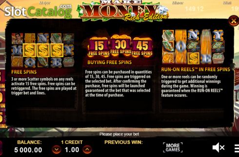 Features screen. Make Money Rich Edition slot