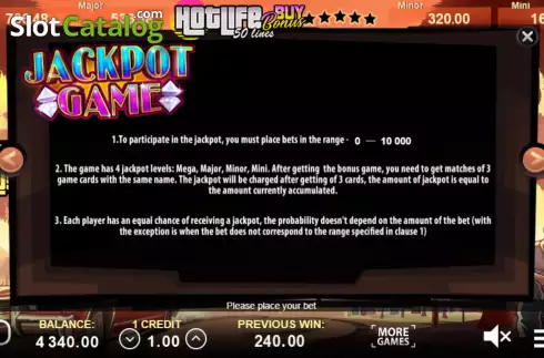 Jackpot screen. Hot Life Buy Bonus slot