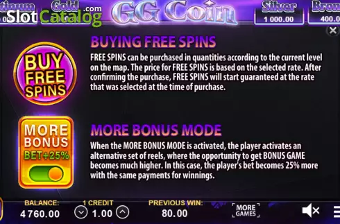 Buy feature and Bonus mode screen. GG Coin: Hold the Spin slot