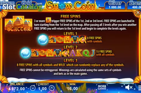 Free Spins screen. Snow Coin: Hold The Spin slot