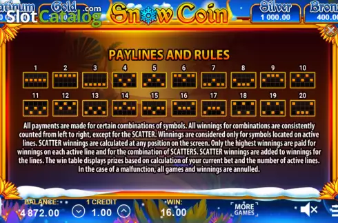 Paylines screen. Snow Coin: Hold The Spin slot