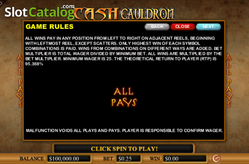 Paytable 1. Cash Cauldron slot