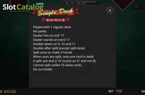 Rules. Single Deck Blackjack (Genii) slot