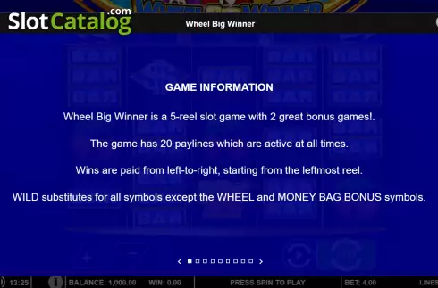 Game Info screen. Wheel Big Winner slot