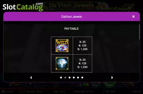 Paytable screen. Da Vinci Jewels slot