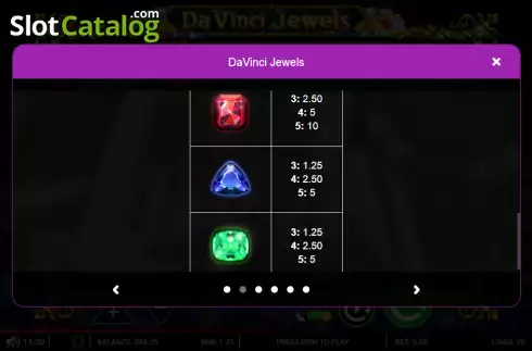 Paytable screen 3. Da Vinci Jewels slot