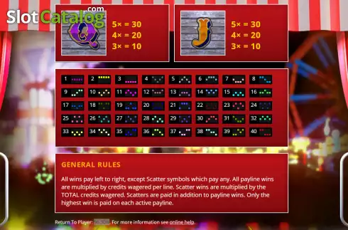 Paytable and Paylines screen. Funfair Fortune slot