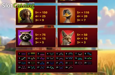 Paytable and paylines screen. Wild Acres Farm slot