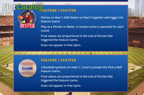 Features screen. Legends of Baseball slot