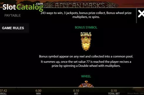 Bonus symbol screen. African Masks slot