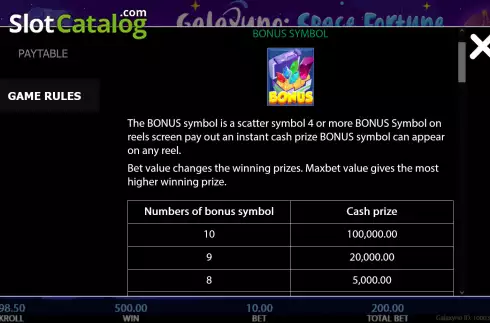 Bonus symbol screen. Galaxyno Space Fortune slot