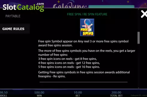 Free Spin feature screen. Galaxyno Space Fortune slot