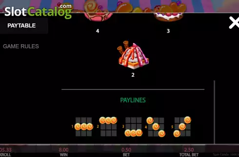 Paylines screen. Spin Candy slot