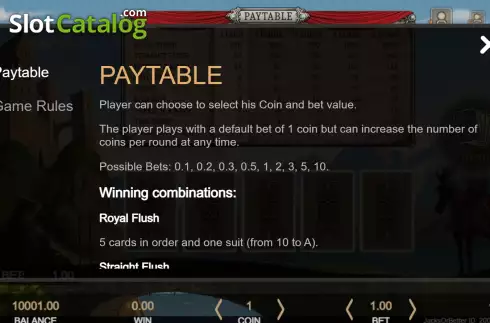 PayTable screen. Jacks or Better (Getta Gaming) slot