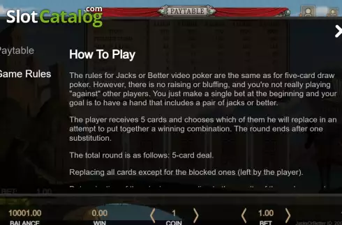 Game Rules screen. Jacks or Better (Getta Gaming) slot