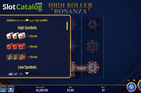 High Paytable Symbols screen. High Roller Bonanza slot