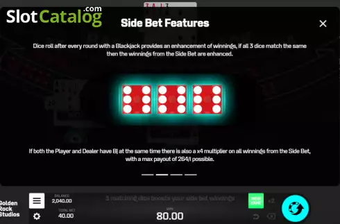 Side Bet Features screen. Back Blackjack (Golden Rock Studios) slot