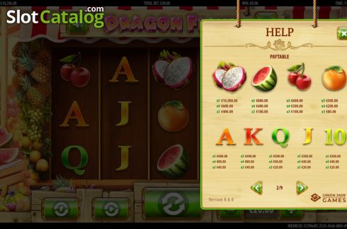 Paytable screen. Dragon Fruit (Green Jade Games) slot