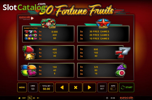 Paytable. 50 Fortune Fruits slot