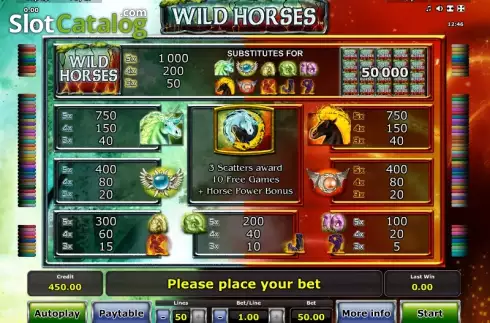 Paytable 1. Wild Horses (Green Tube) slot