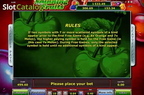 Paytable 3. Spinning Fruits (Green Tube) slot
