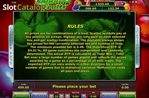 Paytable 5. Spinning Fruits (Green Tube) slot