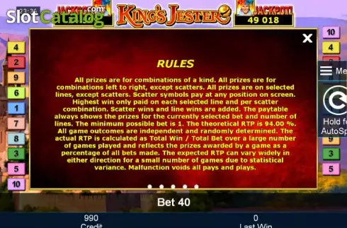 Paytable 4. King´s Jester slot