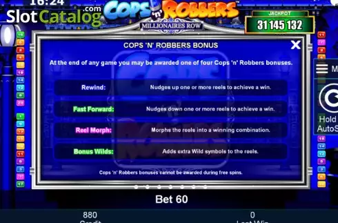 Paytable 2. Cops 'n' Robbers Millionaires Row slot