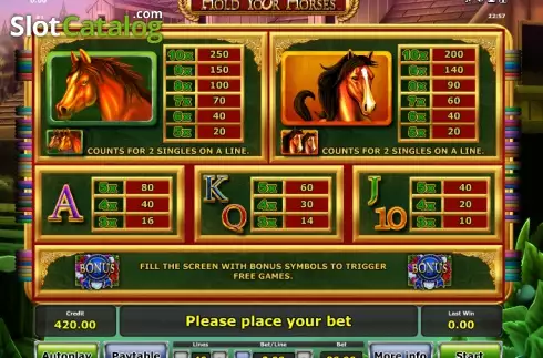 Paytable 2. Hold your horses slot