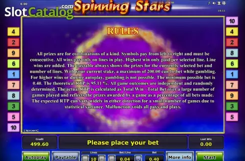 Betalningstabell 3. Spinning Stars slot