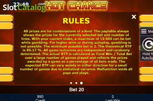 Betalningstabell 2. Hot Chance slot