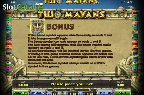 Betalningstabell 2. Two Mayans slot