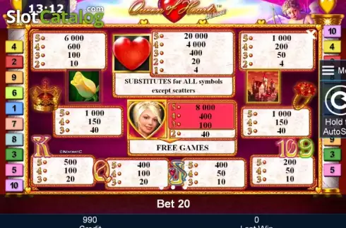 Paytable 1. Queen of Hearts deluxe slot