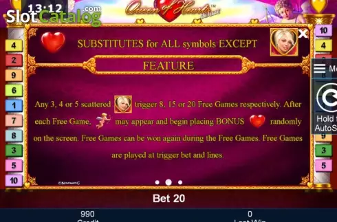 Paytable 2. Queen of Hearts deluxe slot